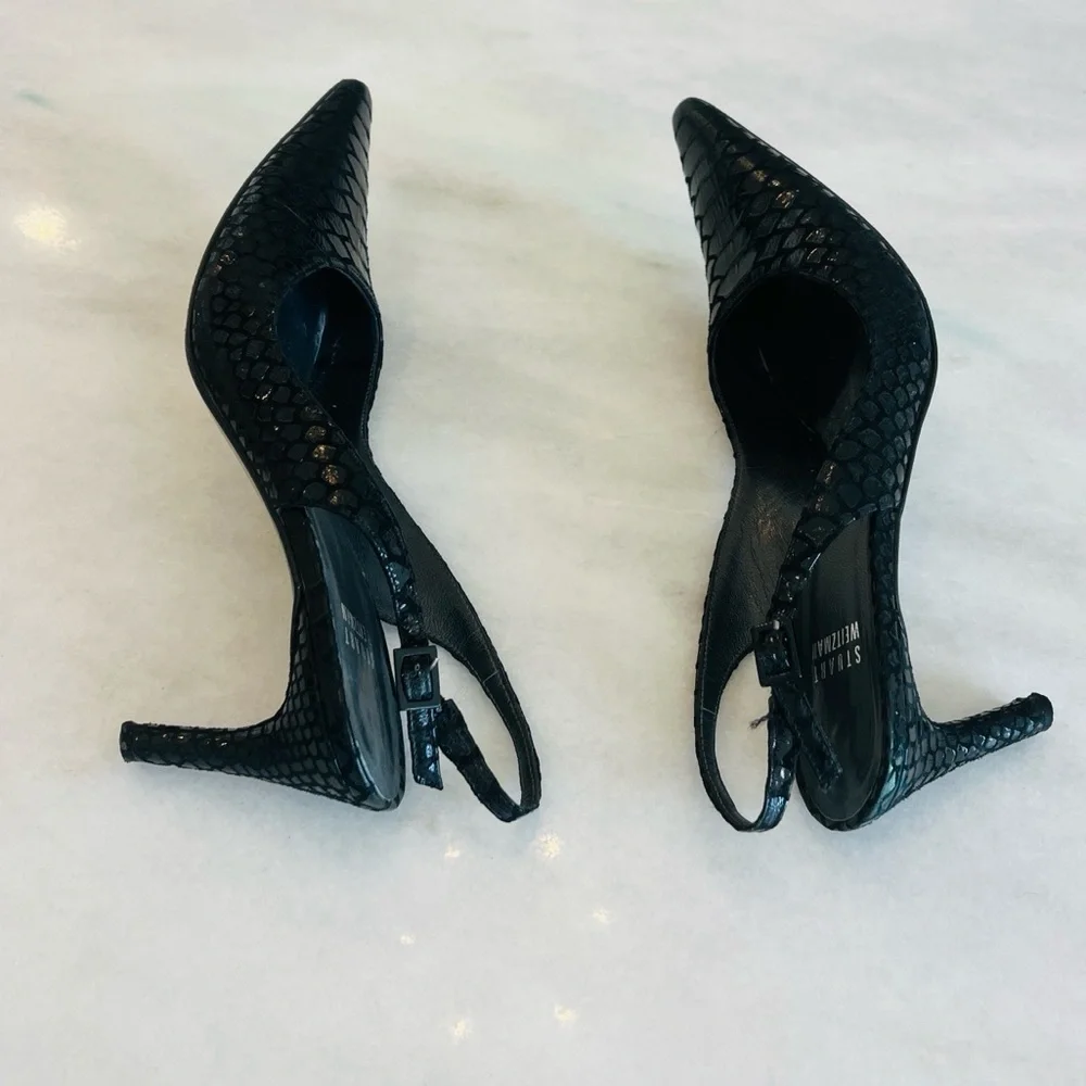 Stuart Weitzman Black Textured Snake Skin Slingback Pointed Heels Size 7 Narrow